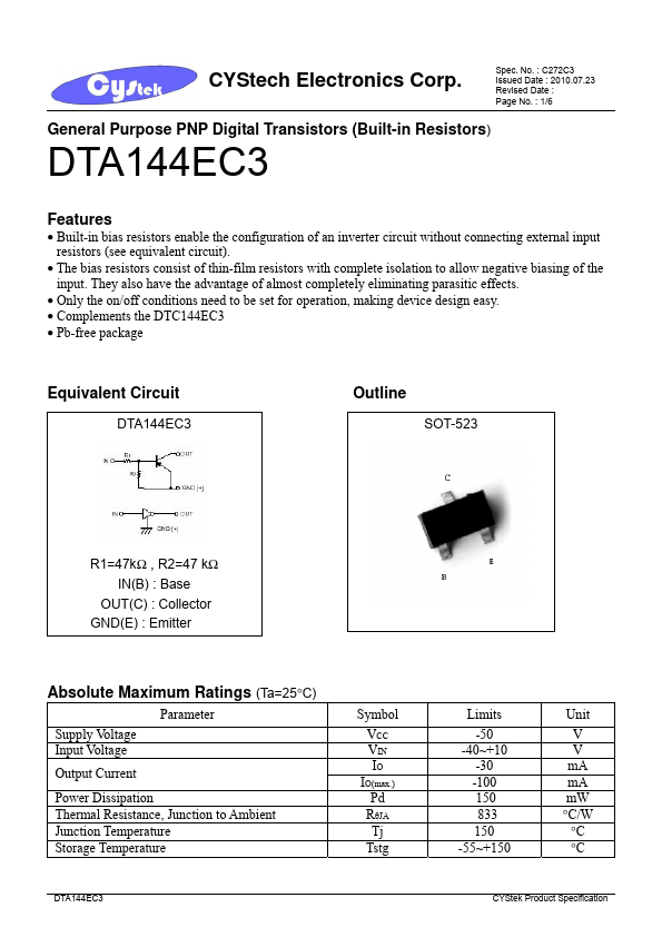 DTA144EC3 CYStech Electronics