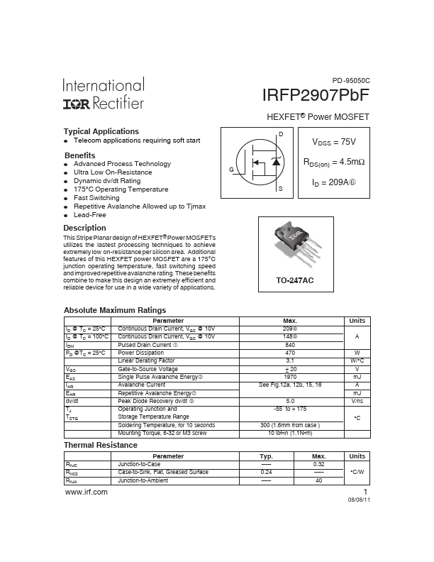 <?=IRFP2907PBF?> डेटा पत्रक पीडीएफ