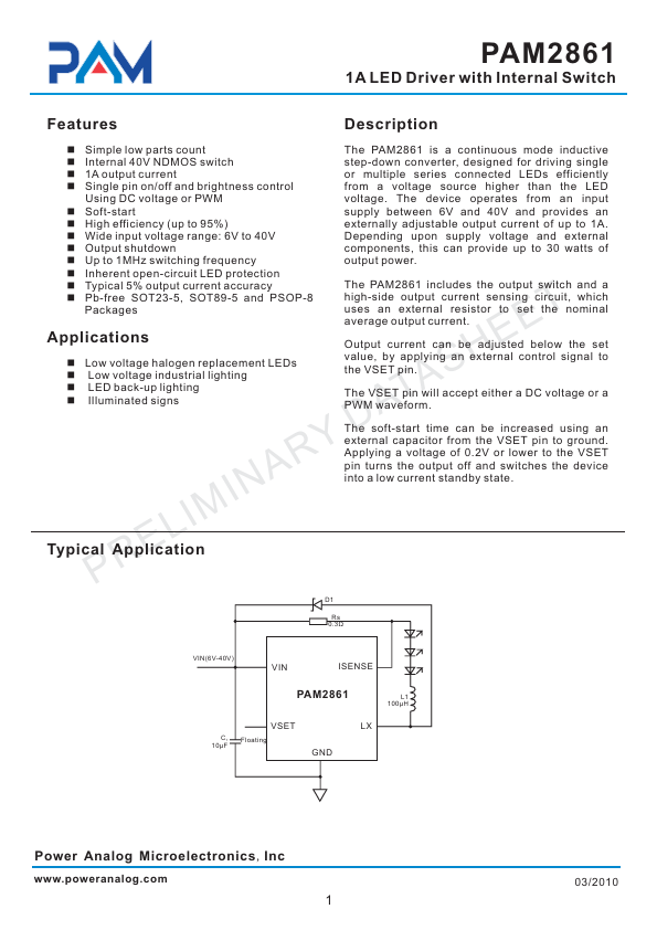 PAM2861 Power Analog Micoelectronics