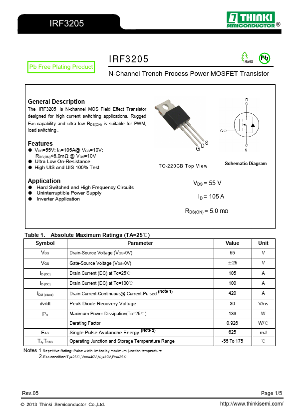 IRF3205 Data Sheet | Thinki Semiconductor