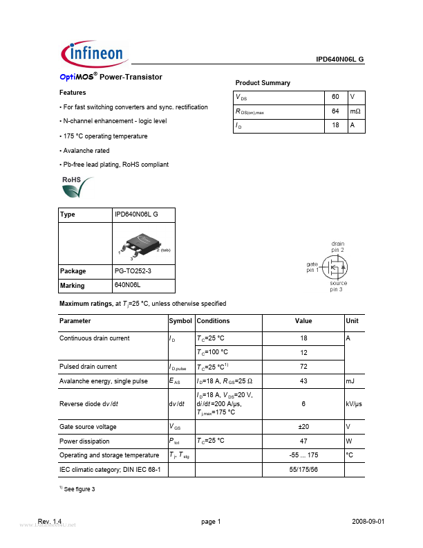 <?=IPD640N06LG?> डेटा पत्रक पीडीएफ