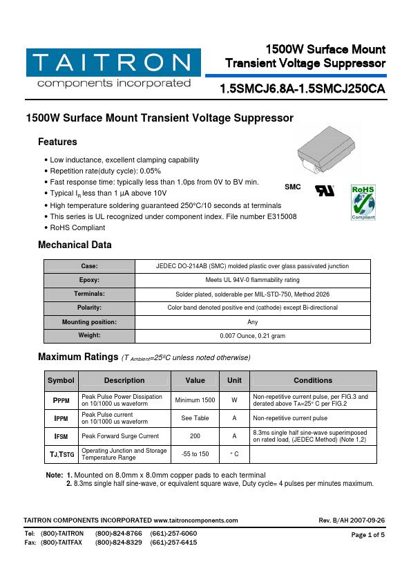 1.5SMCJ10CA TAITRON