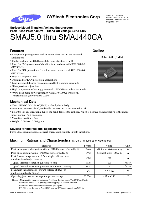 <?=SMAJ7.0A?> डेटा पत्रक पीडीएफ