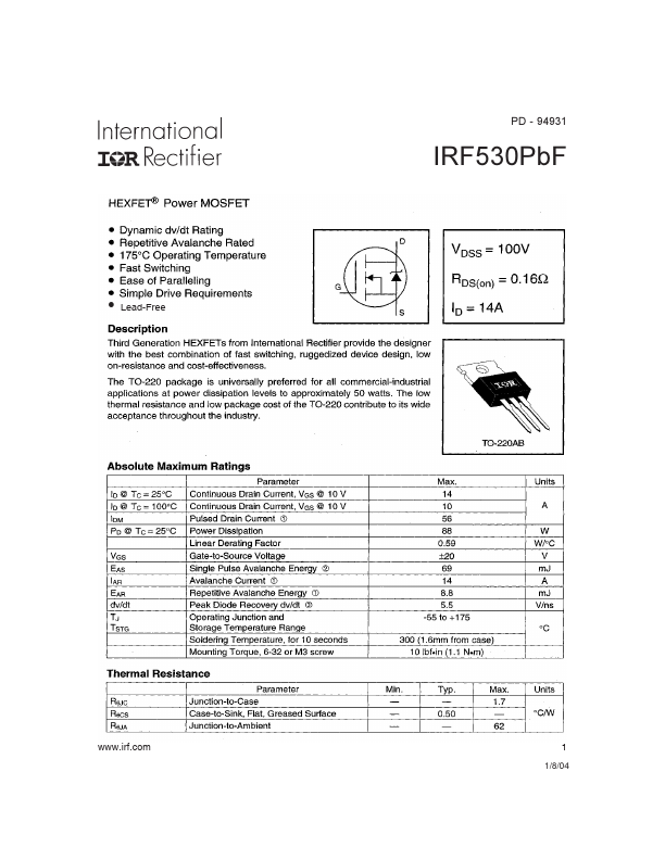 <?=IRF530PBF?> डेटा पत्रक पीडीएफ