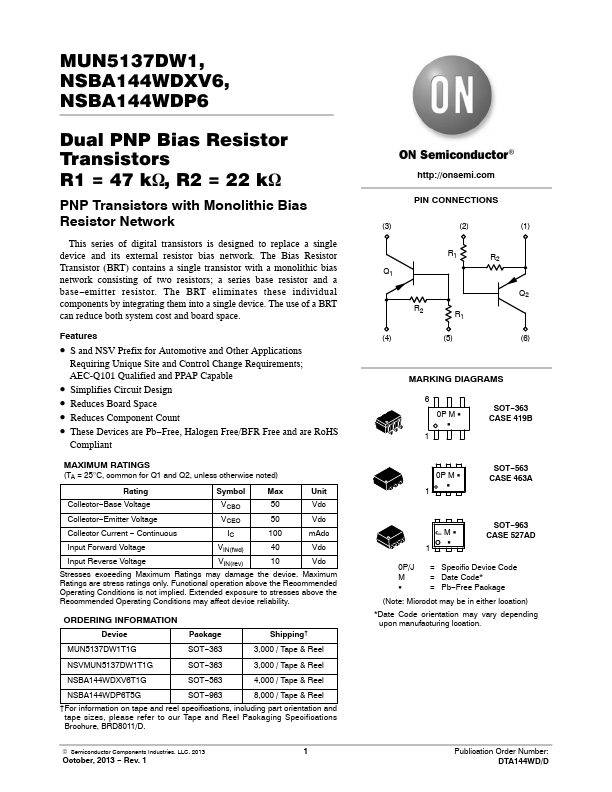NSBA144WDXV6T1G ON Semiconductor