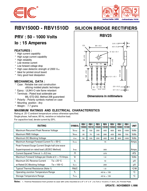 RBV1510D EIC discrete Semiconductors