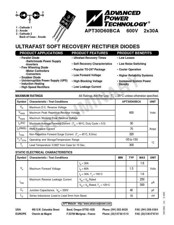 APT30D60BCA Advanced Power Technology