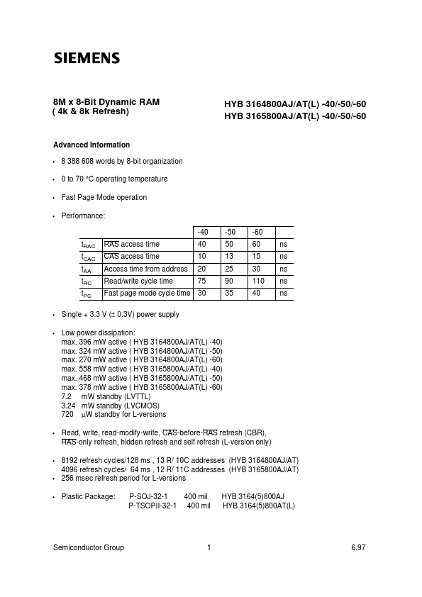 <?=HYB3165800AT-60?> डेटा पत्रक पीडीएफ