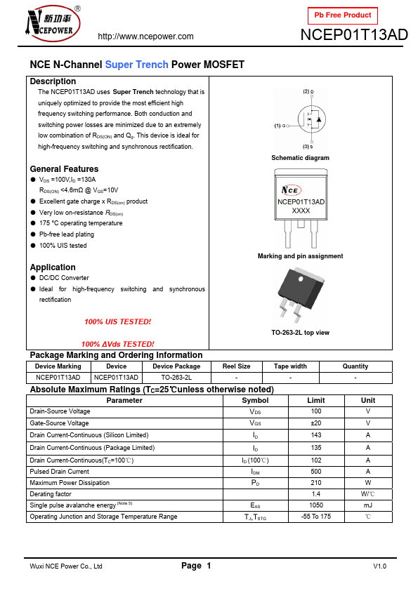 NCEP01T13AD NCE Power Semiconductor