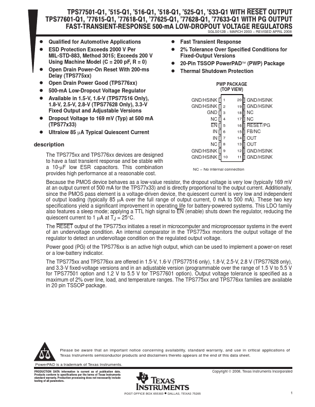 <?=TPS77515-Q1?> डेटा पत्रक पीडीएफ