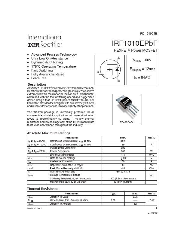 <?=IRF1010E?> डेटा पत्रक पीडीएफ