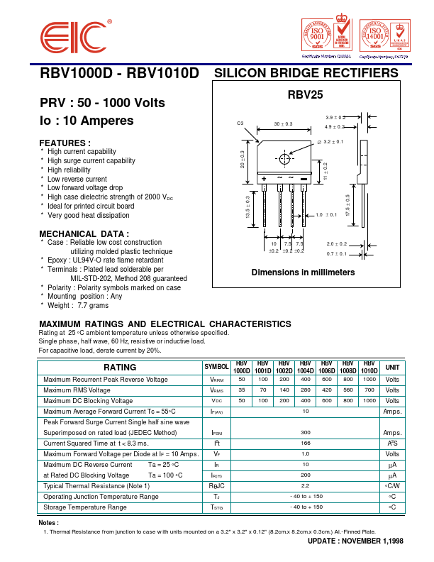 RBV1000D EIC discrete Semiconductors