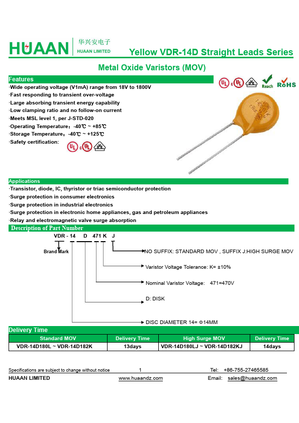 <?=VDR-14D820K?> डेटा पत्रक पीडीएफ