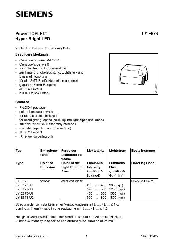 LYE676-T1 Siemens Semiconductor Group