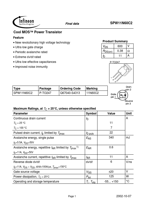 SPW11N60C2 Infineon Technologies