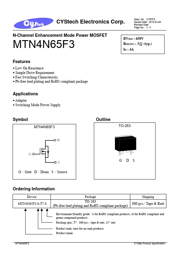 MTN4N65F3 Cystech Electonics