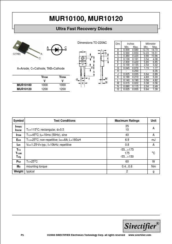 MUR10100 SIRECTIFIER