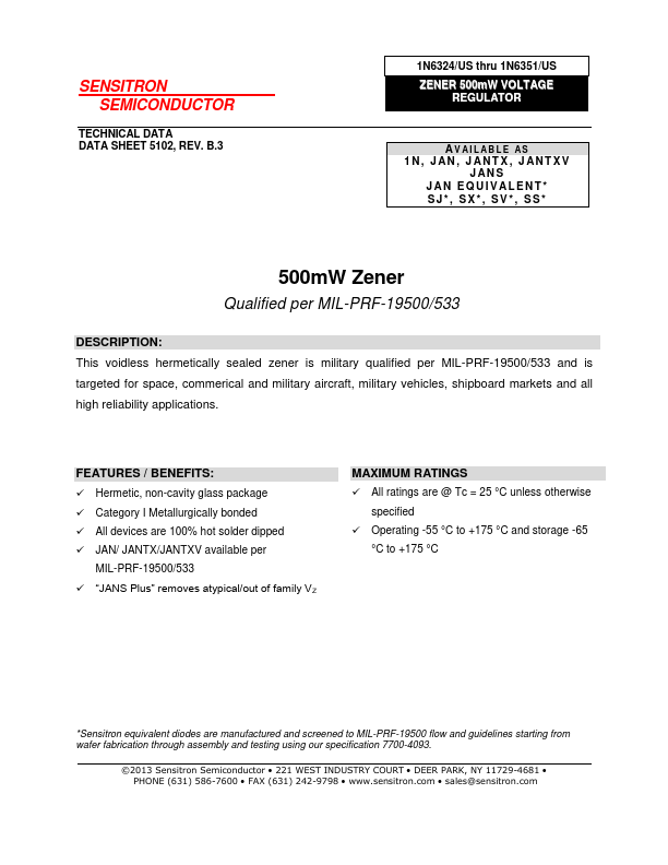 1N6320 SENSITRON SEMICONDUCTOR