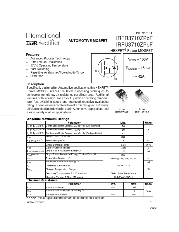 IRFR3710ZPbF International Rectifier