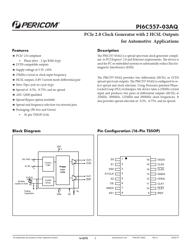 PI6C557-03AQ Pericom Semiconductor