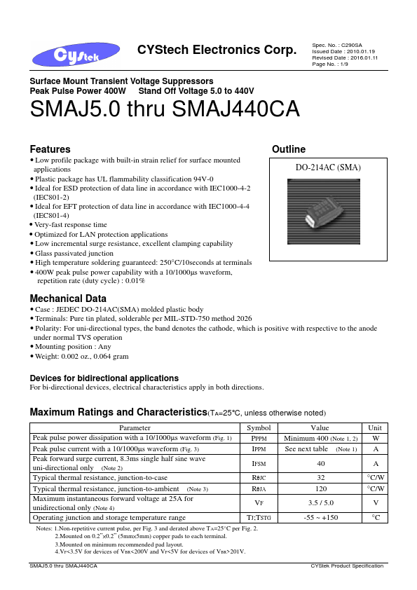 <?=SMAJ6.5?> डेटा पत्रक पीडीएफ