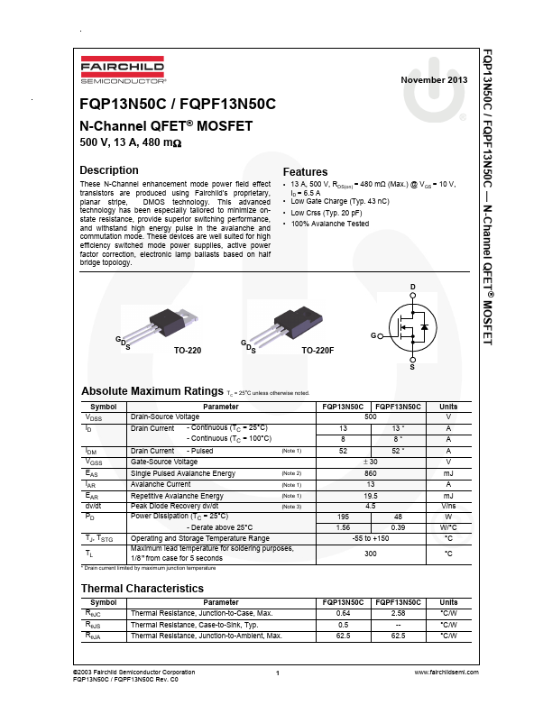 FQPF13N50C Fairchild Semiconductor