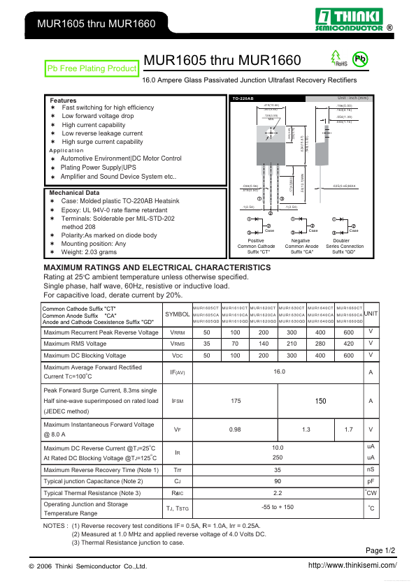 MUR1660D Thinki Semiconductor