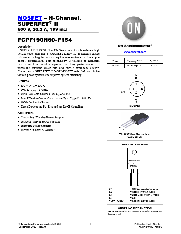 FCPF190N60 ON Semiconductor