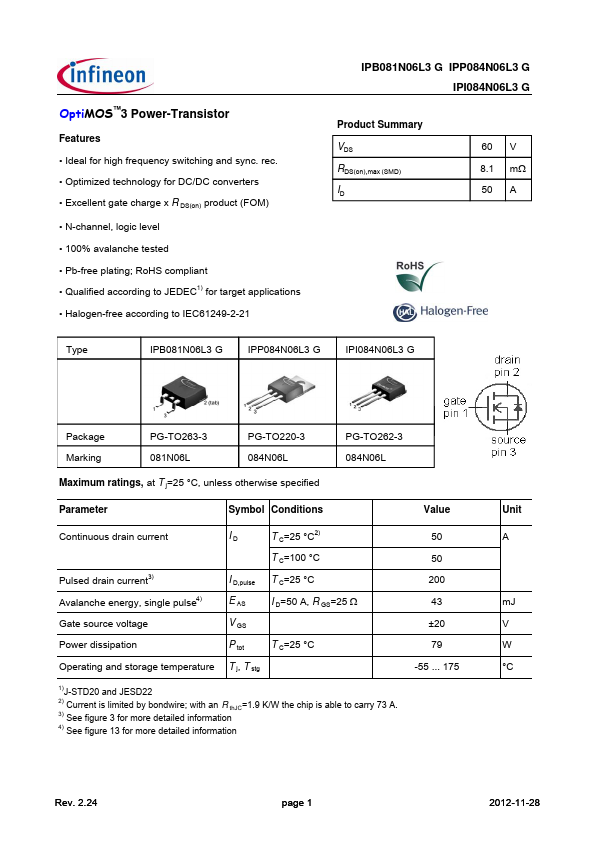 IPP084N06L3 Infineon