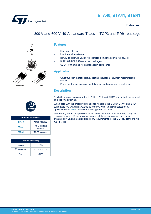 BTA40-800B STMicroelectronics