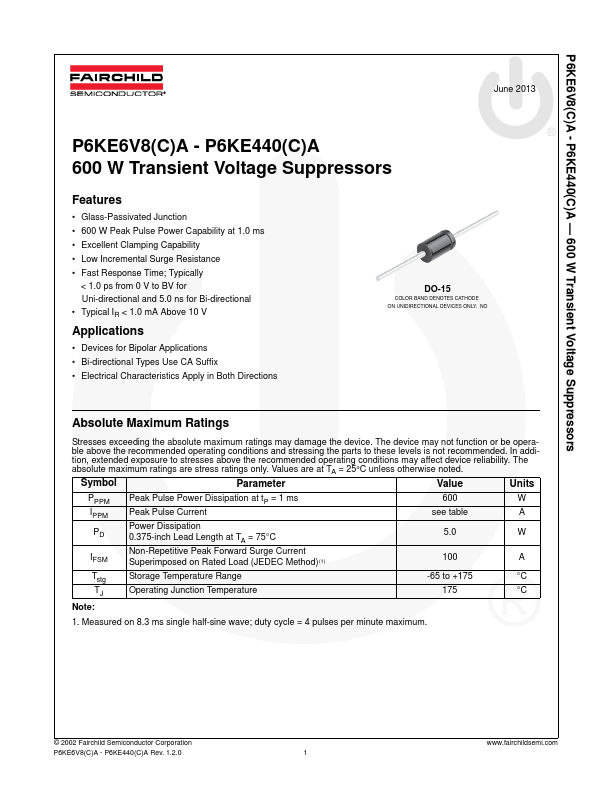 P6KE15CA Fairchild Semiconductor