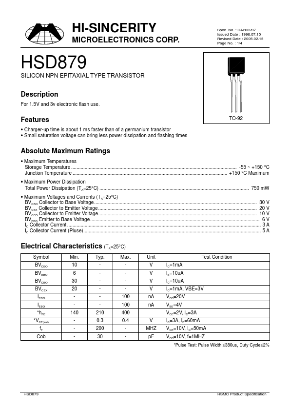 HSD879 Hi-Sincerity Mocroelectronics