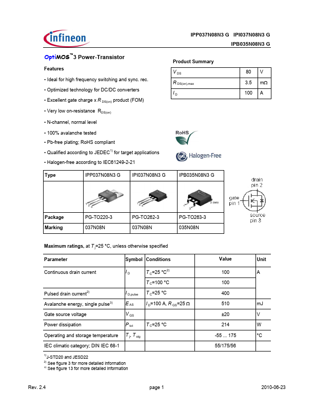 <?=IPB035N08N3G?> डेटा पत्रक पीडीएफ