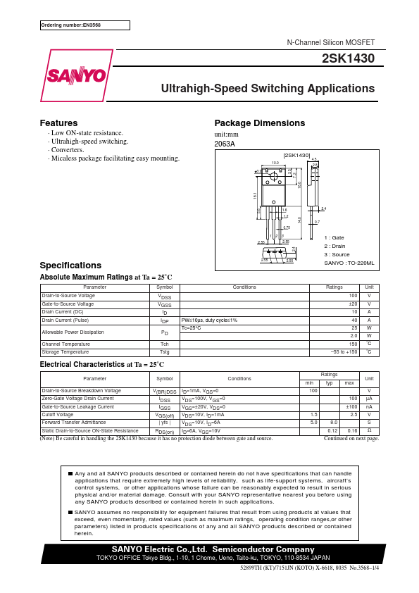 2SK1430 Sanyo Semicon Device