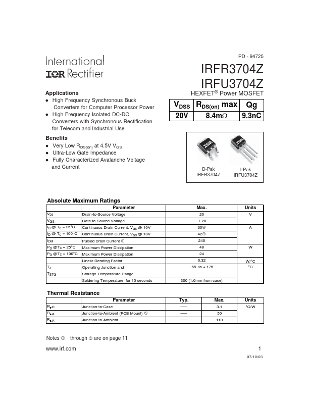 IRFR3704Z International Rectifier