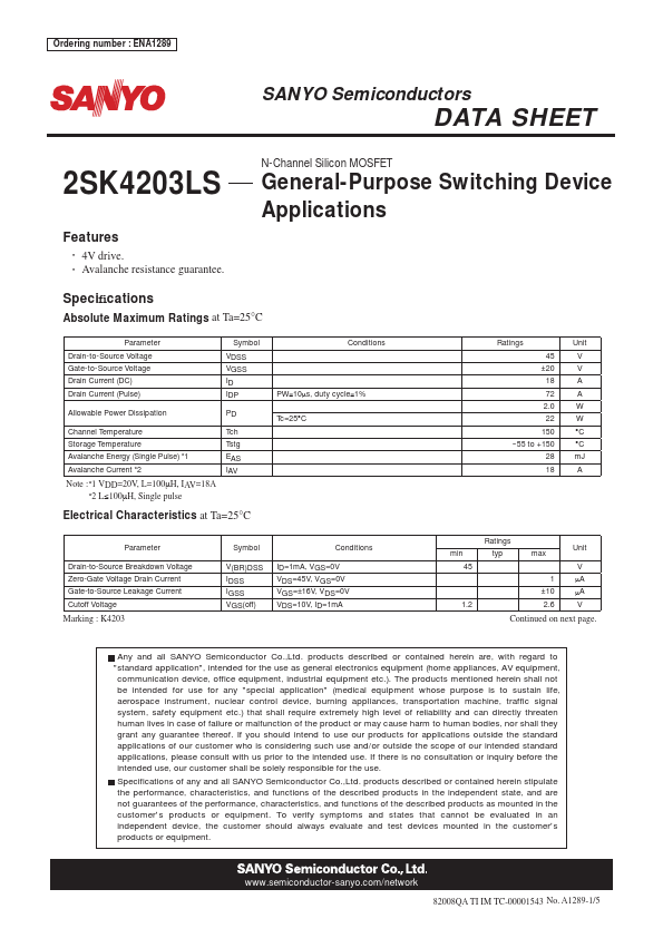 2SK4203LS Sanyo Semicon Device