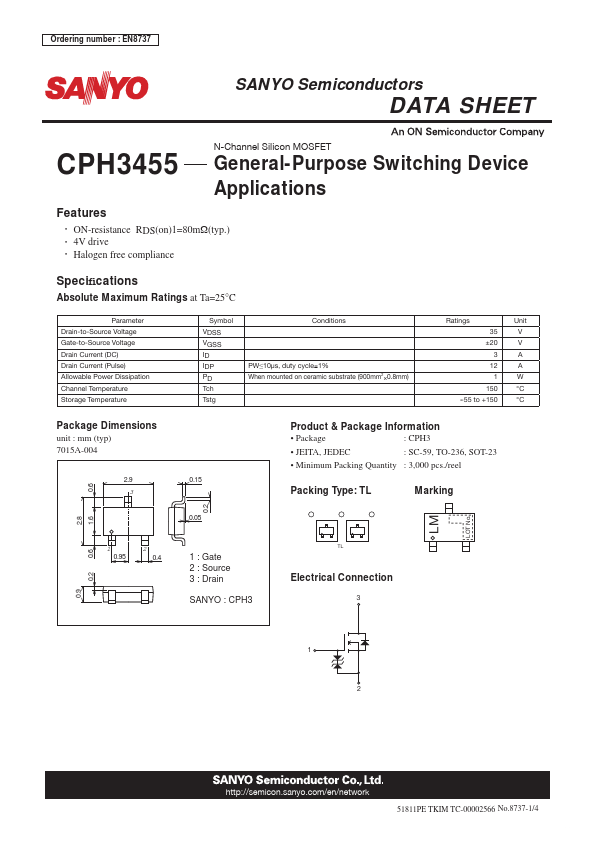 CPH3455 Sanyo Semicon Device