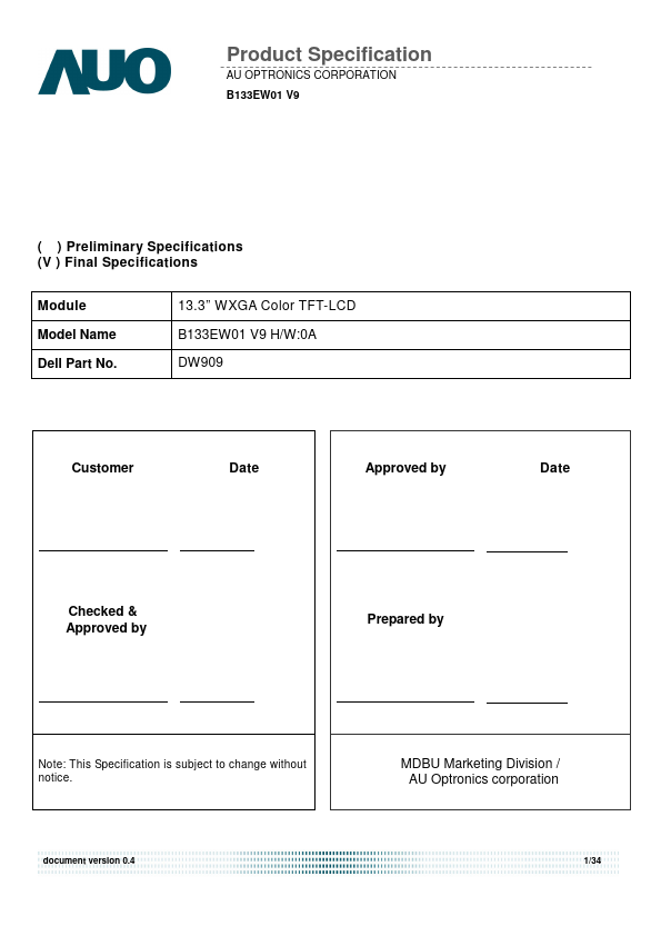 B133EW01-V9 AUO