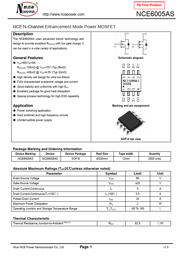 NCE6005AS NCE Power Semiconductor