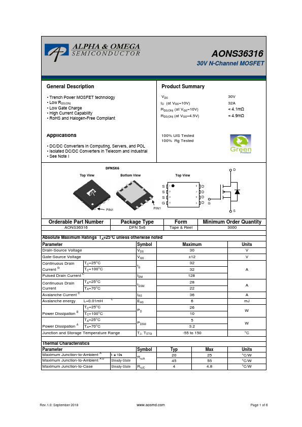 AONS36316 Alpha & Omega Semiconductors