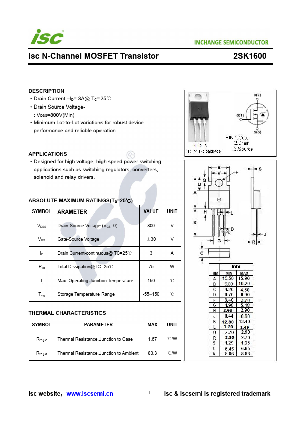 2SK1600 Inchange Semiconductor