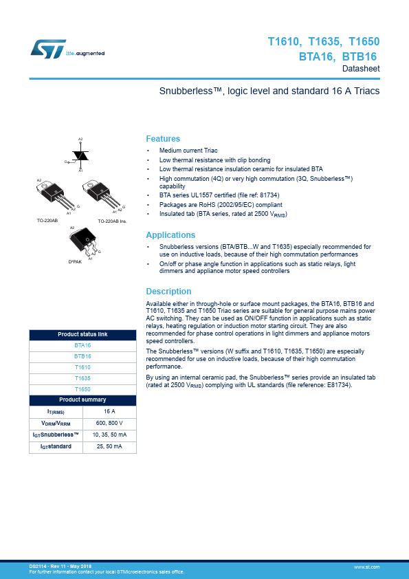 BTB16-800B STMicroelectronics