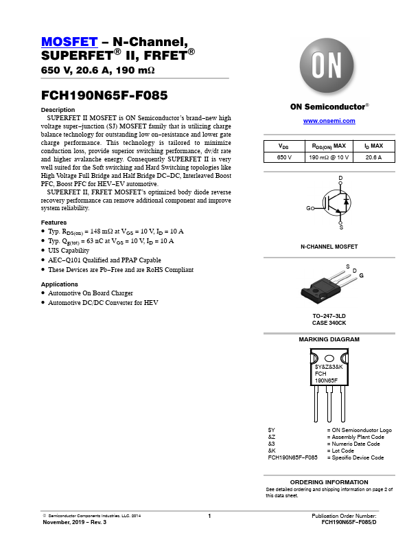 <?=FCH190N65F-F085?> डेटा पत्रक पीडीएफ