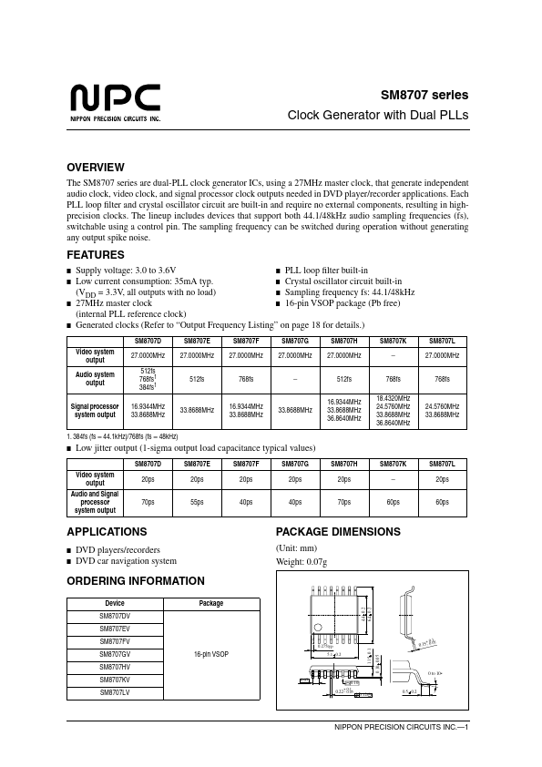 SM8707HV Nippon Precision Circuits Inc