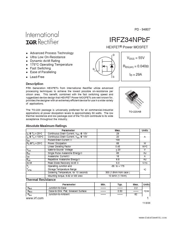 IRFZ34NPBF International Rectifier