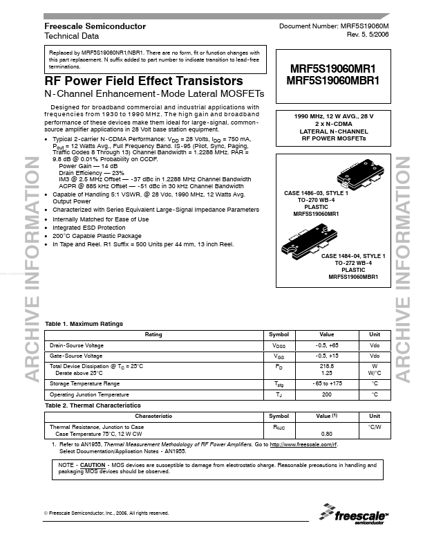 <?=MRF5S19060MBR1?> डेटा पत्रक पीडीएफ