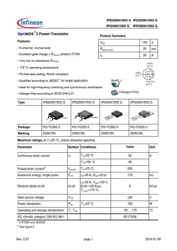 IPP200N15N3G Infineon Technologies