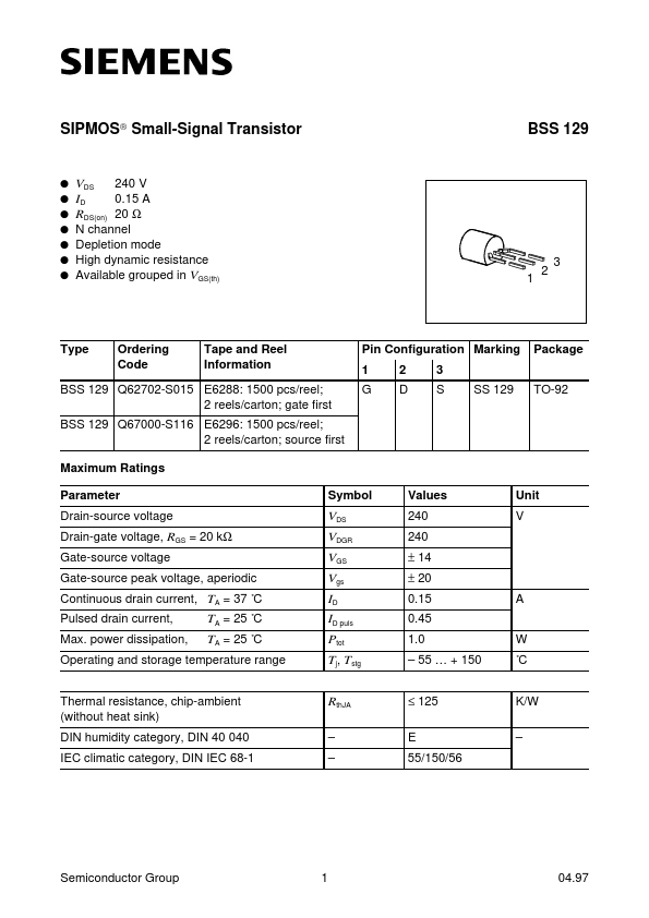 BSS129 Siemens Semiconductor Group