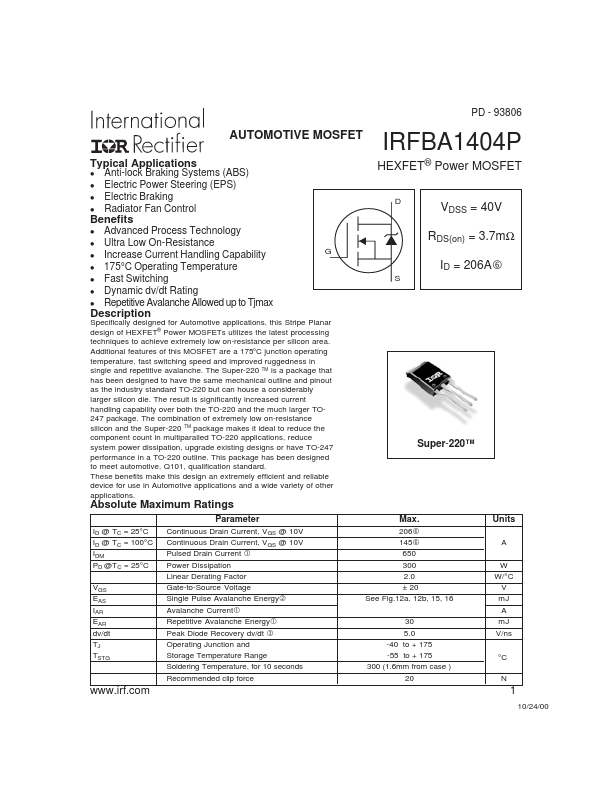 <?=IRFBA1404P?> डेटा पत्रक पीडीएफ