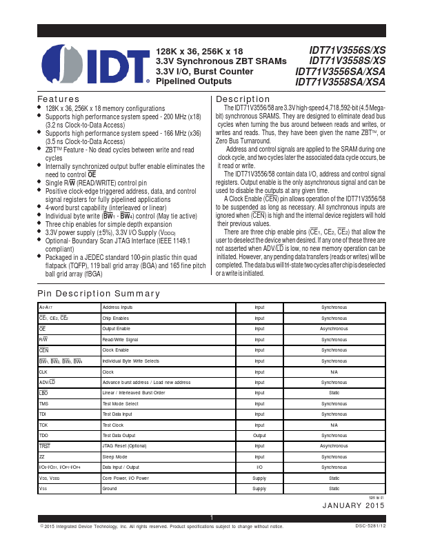 IDT71V3556SA Integrated Device Technology